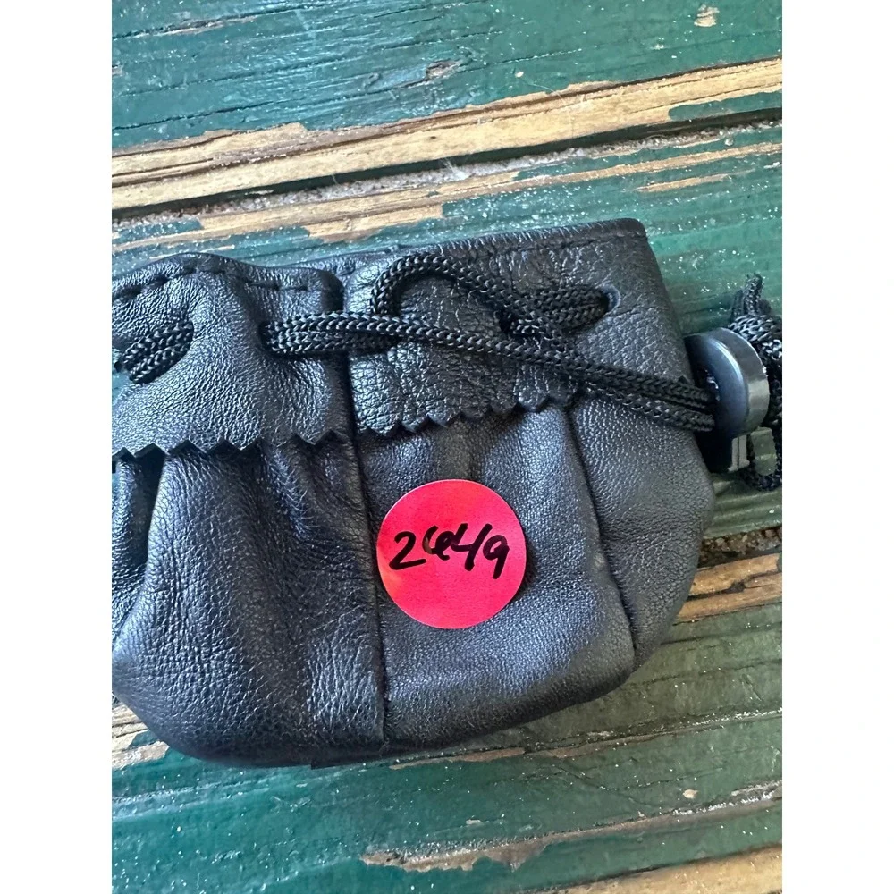 Small Black Pebbled Leather Drawstring Pouch Jewelry Coin Bag with Toggle